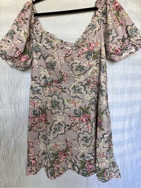 Floral Puff-Sleeve Midi Dress in Mauve Pink